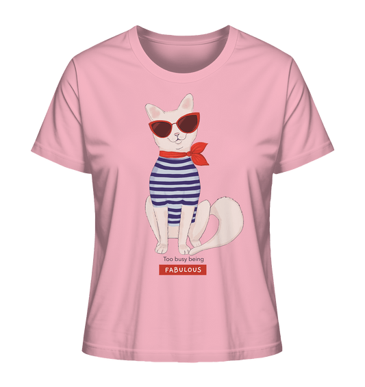 Damen-T-Shirt-mit-fashion-Katze-mit-Streifenhemd-und-roter-Cat-eye-Sonnenbrille-von-BLOOMINIC