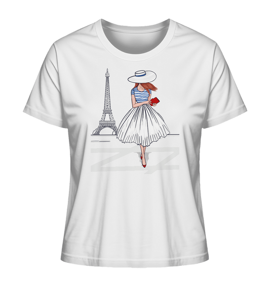 Damen-T-Shirt-mit-handgezeichneten-Eifelturm-Dame-mit-Hut-und-Streifenshirt-in-blau-Damen-T-Shirt-Fashion-Sketch-Pariserin