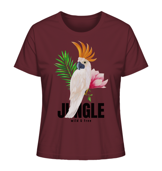 Papagei-Damen-Shirt-in-burgundy-mit-bunten-Jungle-Blumen