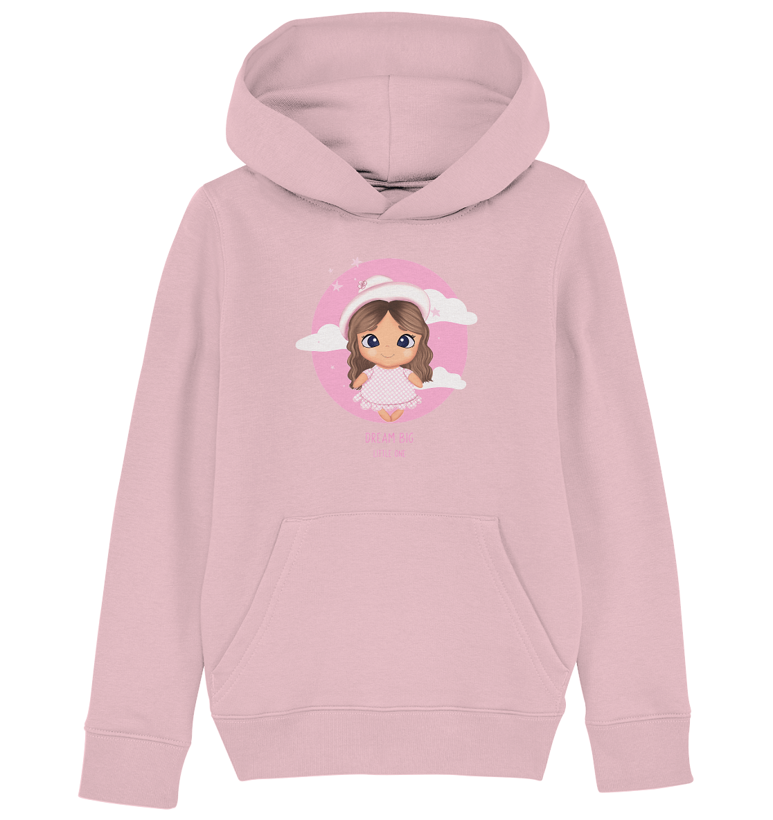 Kapuzenpulli mit handgezeichneten Cartoon und Beschriftung "Dream big little one" Hübsches Mädchen Zeichnung Baby